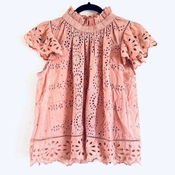 SEA New York 100% cotton Daisy Floral Eyelet Ruffle Flutter sleeve pink top - Picture 3 of 7